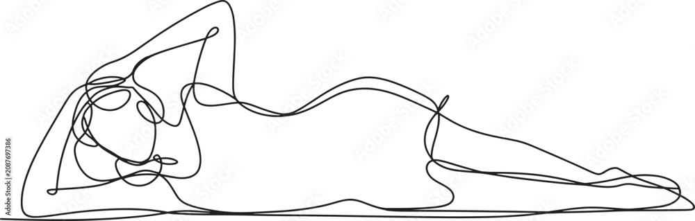 Obraz premium Graceful woman lying down in relaxing pose continuous line drawing minimalist female body silhouette.