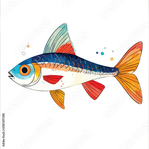 Colorful watercolor illustration of a small tropical fish on white background.