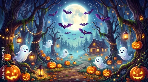 Cute cartoon halloween forest with ghosts and pumpkins
