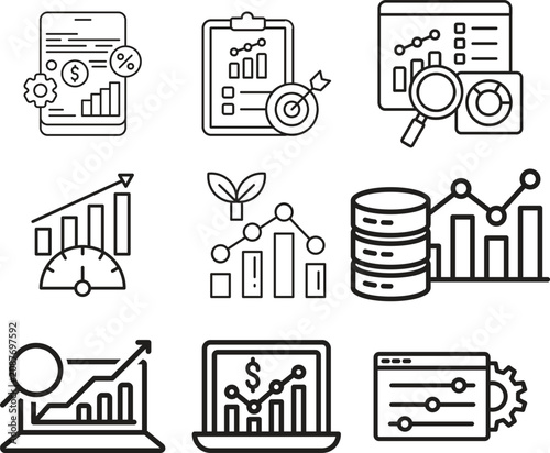 Business analytics line icon set collection group featuring dashboard, chart, graph, report, data, strategy, finance, growth, performance, monitoring, visualization, management outline style.