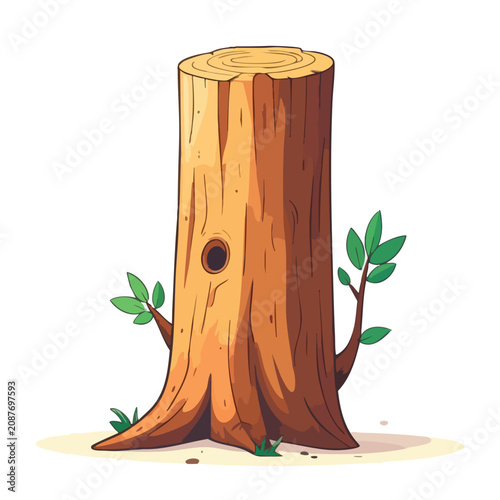 Cartoon Illustration of a Tree Stump with Small Green Leaves.