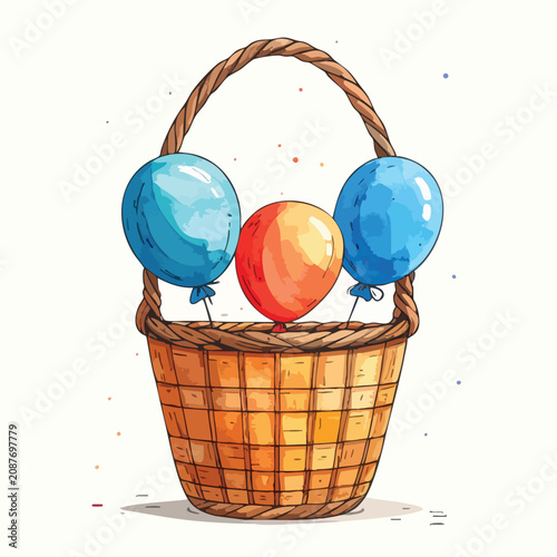 Watercolor illustration of a wicker basket containing three colorful festive balloons.