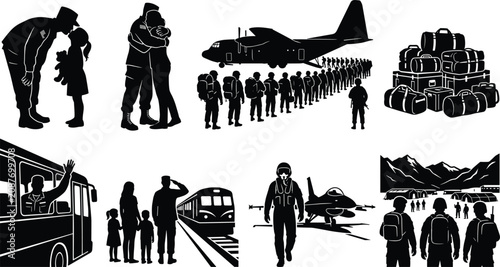 Tableau sur toile Set of Black Military Silhouette Icons Depicting Soldier Deployment and Family F