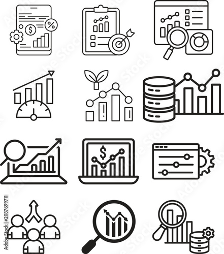 Business analytics line icon set collection group featuring dashboard, chart, graph, report, data, strategy, finance, growth, performance, monitoring, visualization, management outline style.