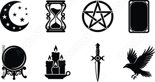 фотографія Set of Black Mystical and Occult Icons Featuring Witchcraft and Esoteric Symbols