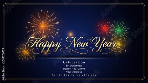 Luxury Happy New Year Celebration Invitation with Golden Fireworks