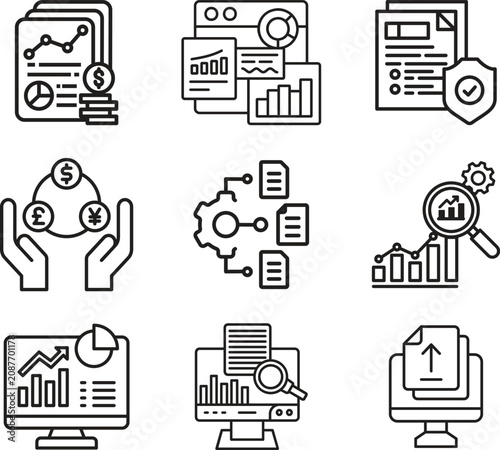 Business analytics line icon set collection group featuring dashboard, chart, graph, report, data, strategy, finance, growth, performance, monitoring, visualization, management outline style.
