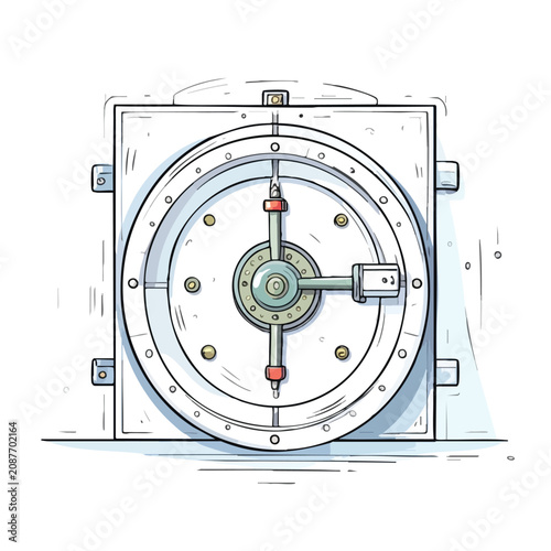 Hand drawn illustration of a secure heavy metal bank vault door.