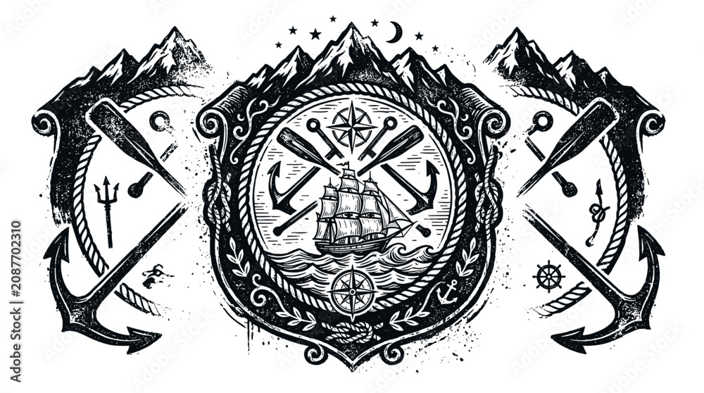 Obraz premium Nautical triptych illustration with ship and mountains