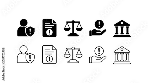 Fotografie Legal and Compliance Icon Set in Solid Silhouette and Linear Outline Style
