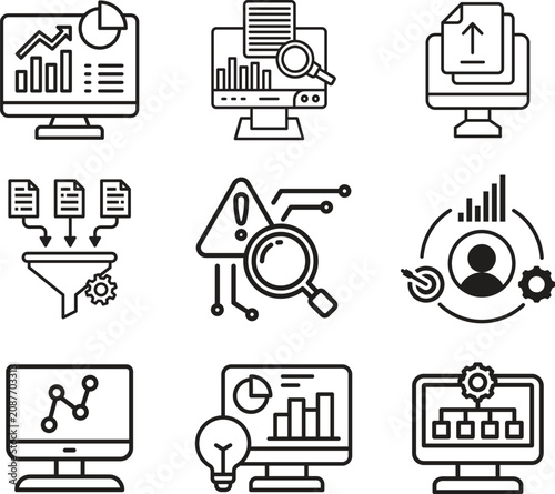 Business analytics line icon set collection group featuring dashboard, chart, graph, report, data, strategy, finance, growth, performance, monitoring, visualization, management outline style.