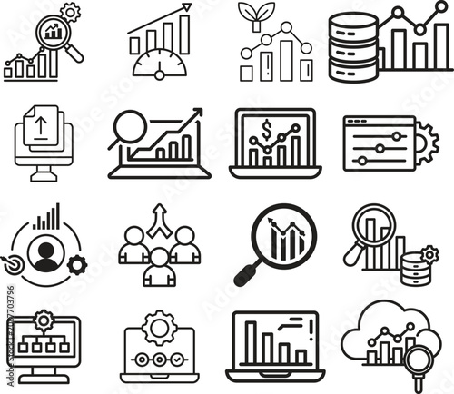 Business analytics line icon set collection group featuring dashboard, chart, graph, report, data, strategy, finance, growth, performance, monitoring, visualization, management outline style.