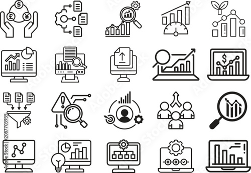 Business analytics line icon set collection group featuring dashboard, chart, graph, report, data, strategy, finance, growth, performance, monitoring, visualization, management outline style.