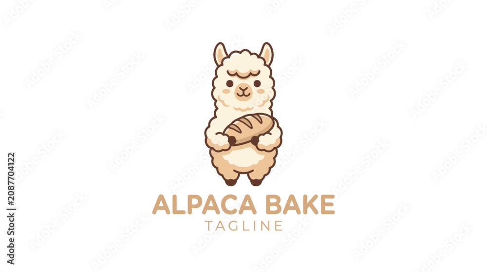 Fototapeta premium Cute alpaca holding bread in flat cartoon vector style, perfect for bakery branding, cafe logos, food packaging, children's products, stickers, merchandise, and promotional designs.