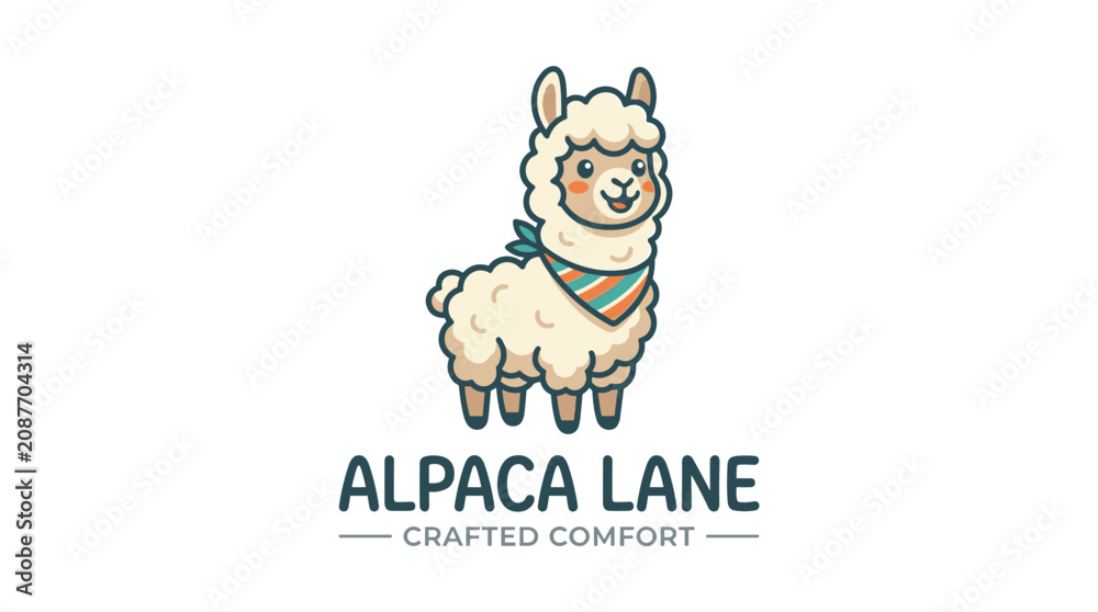 Fototapeta premium Cute alpaca mascot in flat cartoon vector style, perfect for farm branding, wool businesses, children's products, logo design, stickers, merchandise, and educational materials.