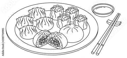 Quadro su tela Asian Dim Sum Plate, traditional Chinese steamed dumplings and buns, black and w