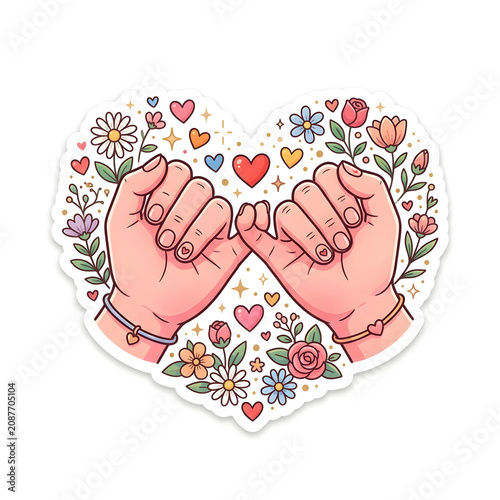 Hand heart sticker with rainbow sleeves and colorful hearts symbol for pride and love celebration