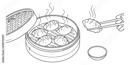 Foto Steaming bamboo dim sum basket, hot dumplings, Asian cuisine, traditional food,