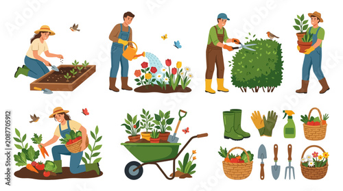 Schilderij op canvas Collection of diverse people engaged in gardening activities with various tools and plants
