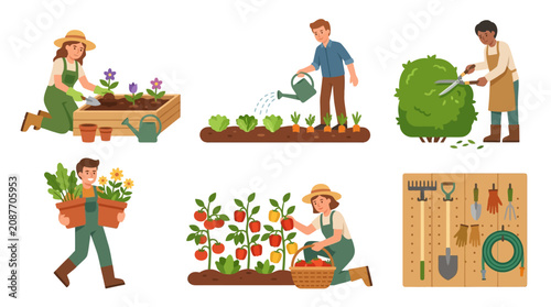 Foto People engaging in diverse gardening activities with tools and plants in a home garden