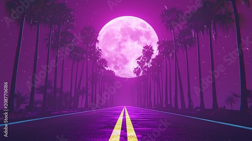 Retro Synthwave Road with Palm Trees and Glowing Moon