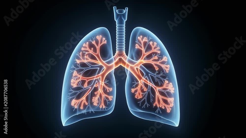 Glowing Transparent Lung Anatomy Detailed Bronchi and Alveoli Branches Showcase Intricate Medical Structures in Motion