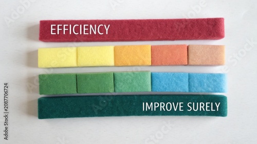 Colorful felt strips displaying words Efficiency and Improve Surely on a white background for creative projects and inspiration