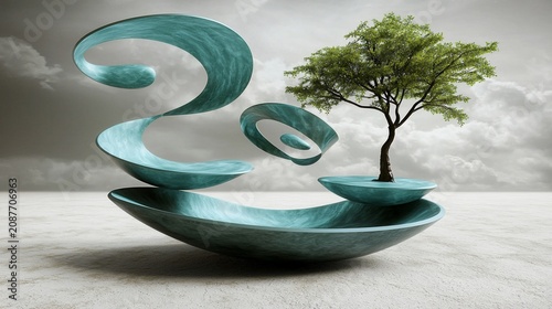 Abstract Zen Sculpture with Bonsai Tree on Minimalist Landscape