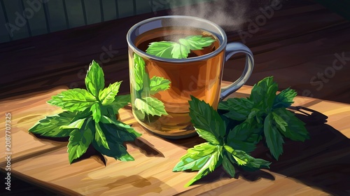 Steaming Cup of Fresh Mint Tea with Green Leaves