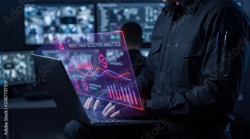 Security officer hands using laptop with holographic insider threat analytics in dark center
