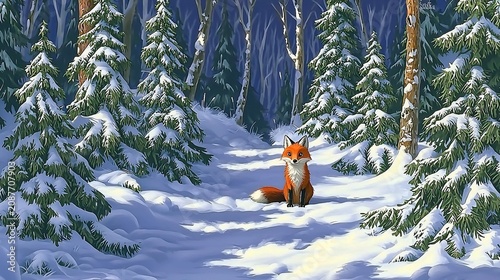 Cute Fox Sitting in a Snowy Winter Forest Pine Landscape