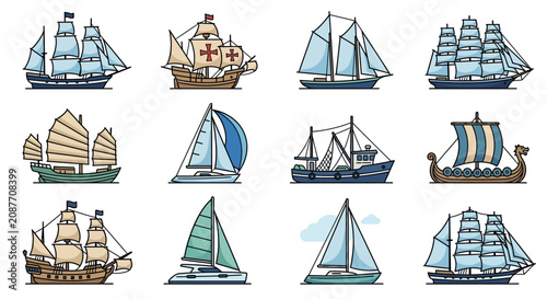 Set of diverse historical and modern sailing ships, flat vector illustrations