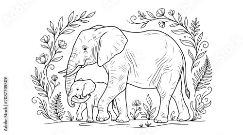 Photography Hand-drawn elephant mother and calf coloring page, floral botanical frame with w