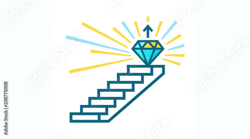Stairway to success with diamond and bright rays.