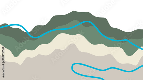 Minimalist organic fluid topography vector. Smooth paper cut waves blending forest green, sage, and sand with cyan strokes. Ideal for UI.
