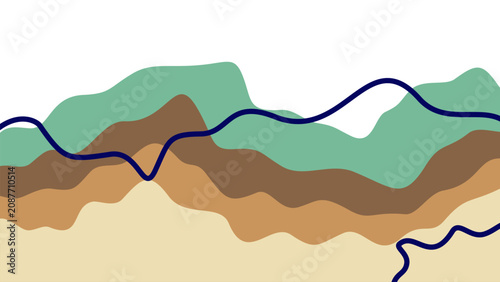 Organic abstract layered concept with continuous navy lines. Undulating flat layers featuring sage green, brown, and beige. Beautiful web visual.
