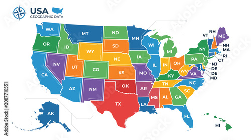 Vibrant geographic map of the United States with states.