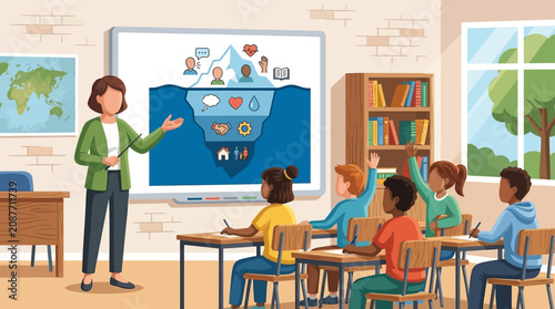 Flat faceless illustration of a teacher explaining the iceberg model of behavior and emotions to a diverse group of primary school students in a modern classroom setting.