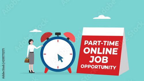 Fotografie Woman and alarm clock next to part-time online job opportunity calendar