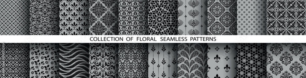 Fototapeta premium Geometric floral set of seamless patterns. Gray and black vector backgrounds. Damask graphic ornaments