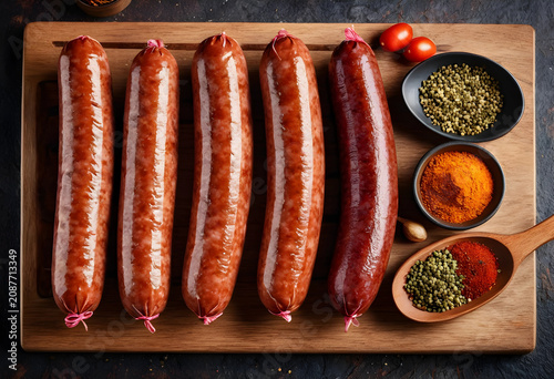 Five sausages with spices o...