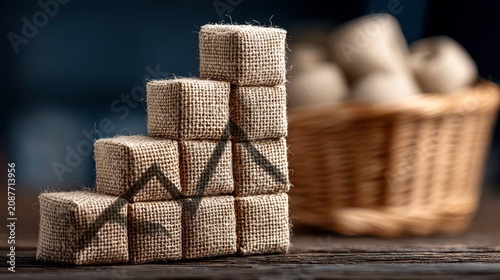 cubes feature a shadow of an arrow pointing upward burlap-covered in a staircase formation to symbolize financial growth.