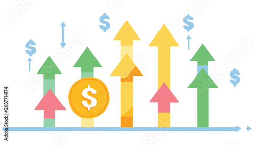 Rising financial graph with coin and growth arrows, business