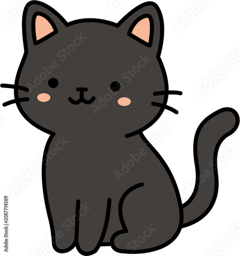 Cute black cat sitting, halloween witch pet cartoon character