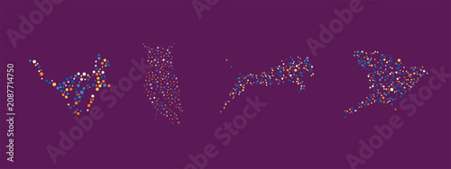 Creative collection of animal silhouettes formed by colorful dotted particles. Featuring stylized bird, owl, feline, and flying bird designs made from circular dots, this modern vector illustration re