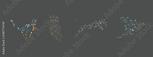Creative collection of animal silhouettes formed by colorful dotted particles. Featuring stylized bird, owl, feline, and flying bird designs made from circular dots, this modern vector illustration re