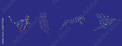 Creative collection of animal silhouettes formed by colorful dotted particles. Featuring stylized bird, owl, feline, and flying bird designs made from circular dots, this modern vector illustration re