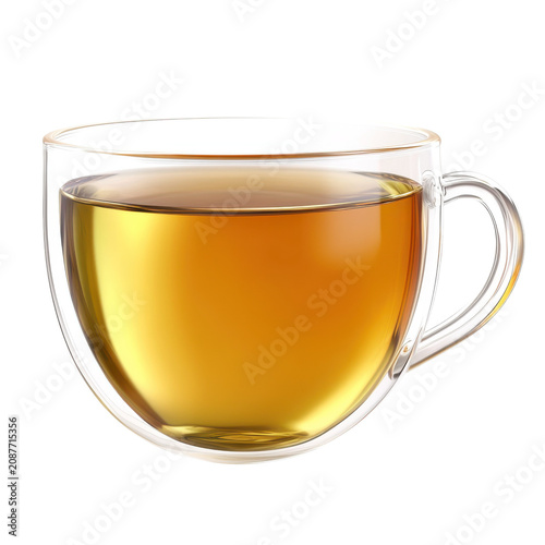 Double-walled glass cup filled with golden refreshing herbal tea isolated on white background