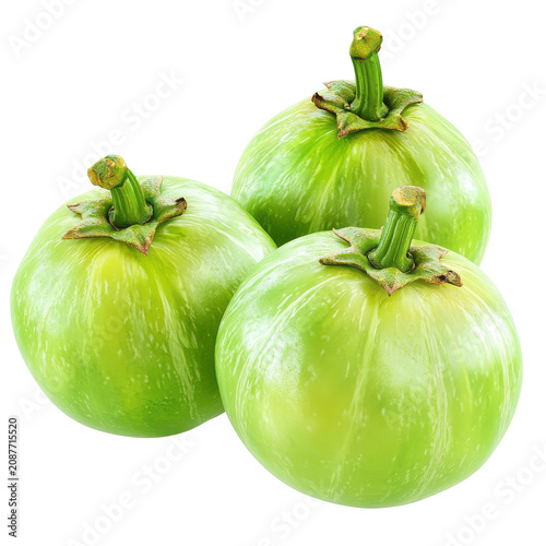 Three vibrant green round eggplant fruits close up isolated on white background