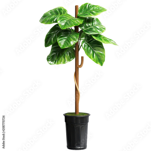 Lush green artificial philodendron plant in black pot with wooden support isolated on white background
